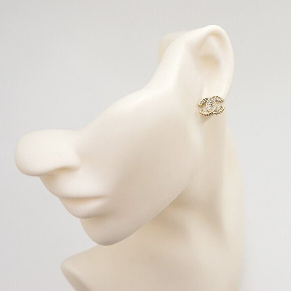 CHANEL CC Logos Rhinestone Stud Earrings Gold Tone B15B Auth w/Box #8847 - Picture 2 of 6